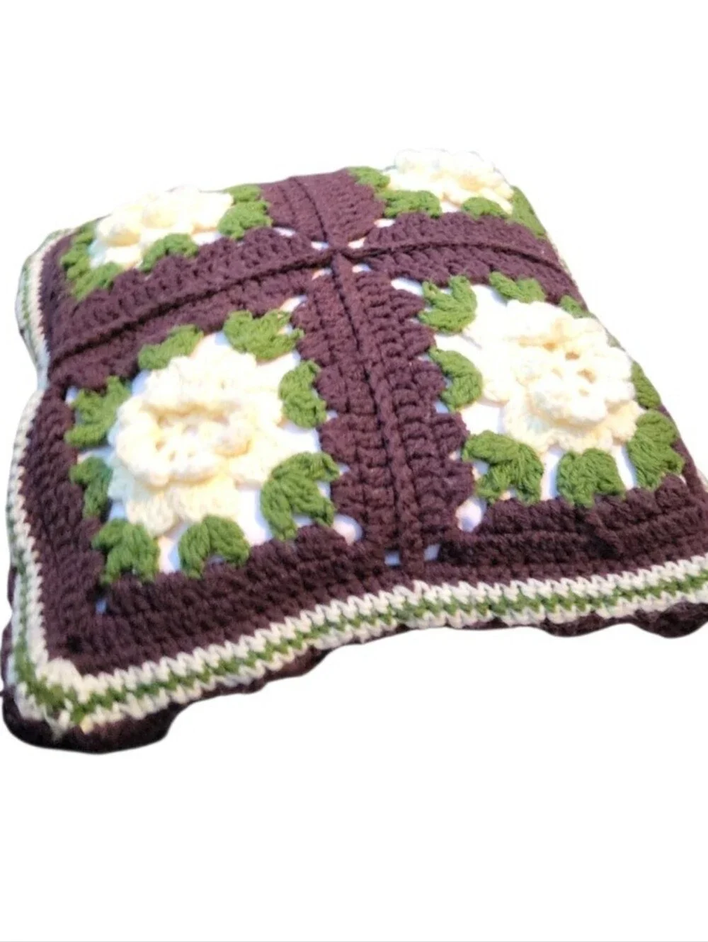 Vintage 70's Granny Square Crocheted Rosette Throw Pillow 17
